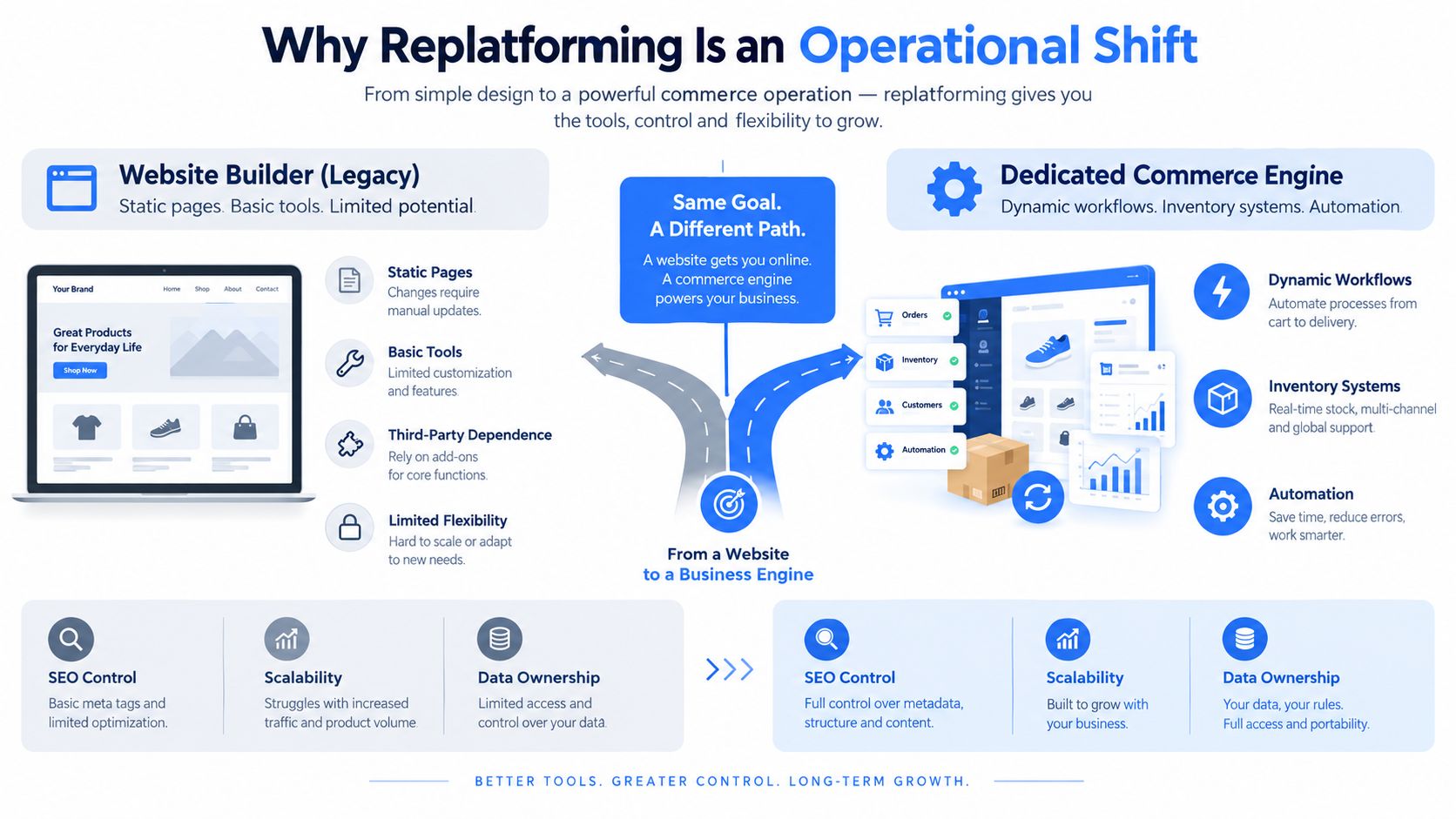 An infographic comparing a basic website builder to a dedicated commerce engine for business growth.