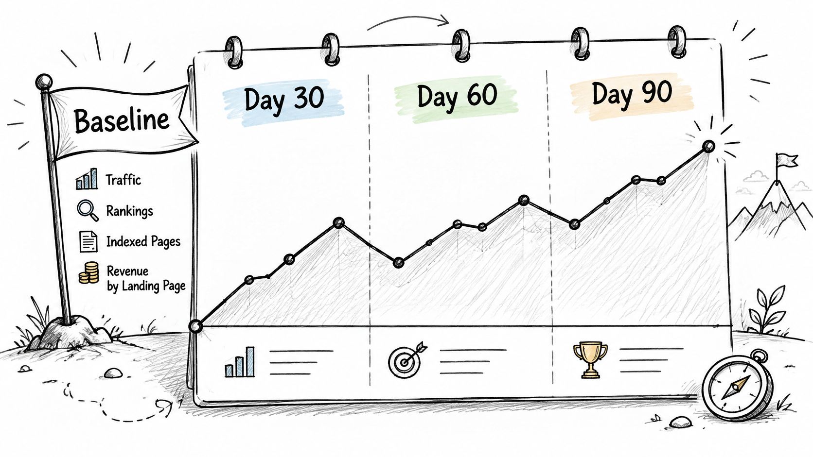 A hand-drawn sketch of a business growth chart illustrating progress over 30, 60, and 90 days.