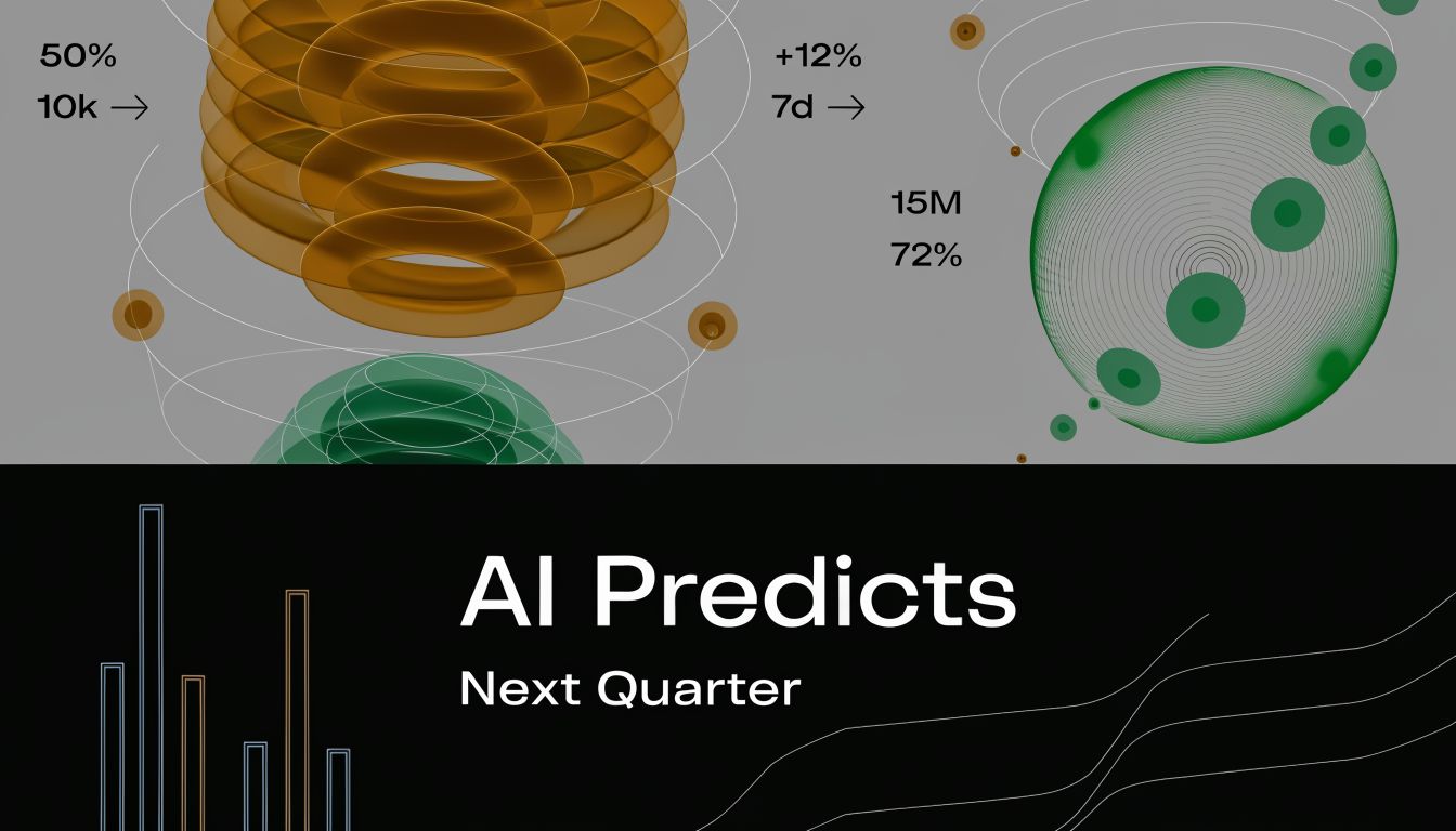 A digital graphic visualizing AI data analytics with futuristic abstract shapes, charts, and growth prediction metrics.