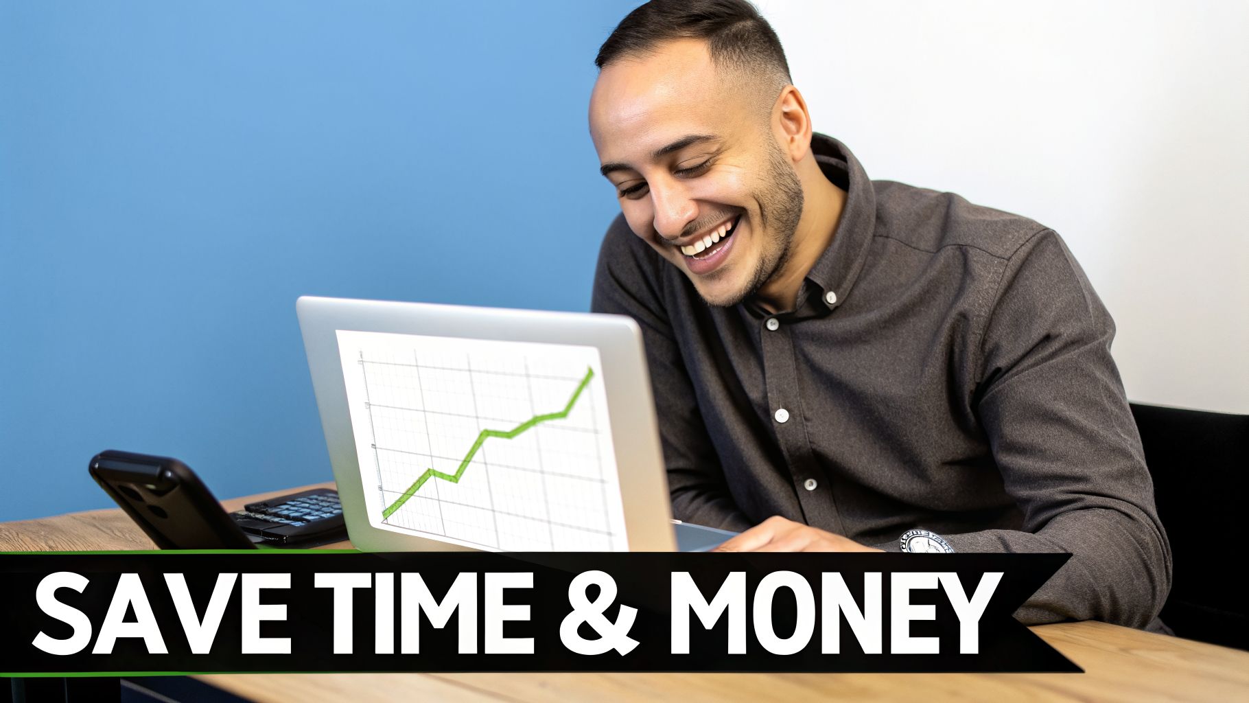 A smiling man looks at a laptop displaying a rising green graph, with text 'SAVE TIME & MONEY'.