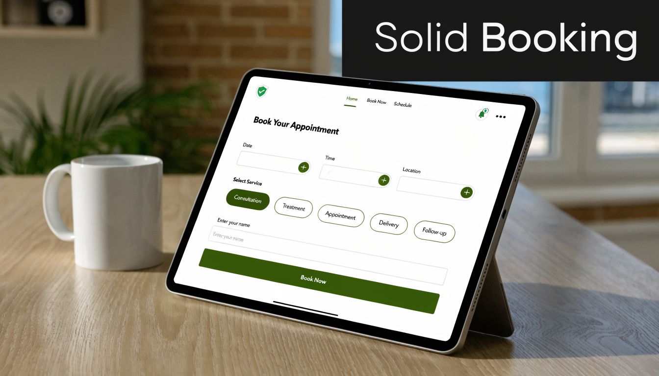 A digital tablet displaying an online appointment booking interface on a desk next to a white mug.