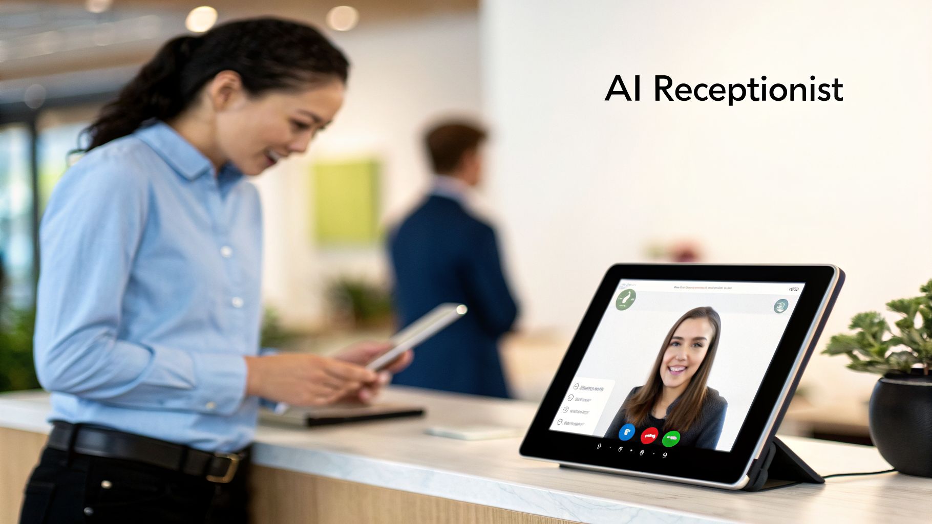 A woman interacts with a tablet displaying a virtual AI receptionist on a video call in an office.