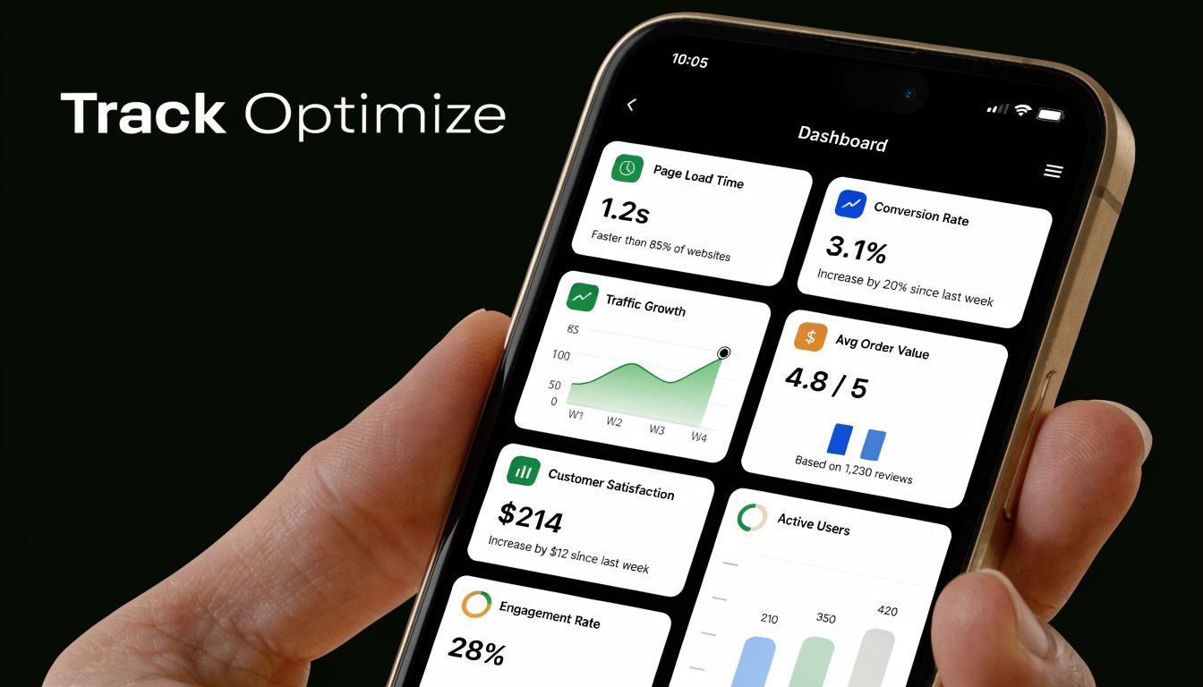 A close-up view of a smartphone screen displaying a business analytics dashboard with various performance metrics.
