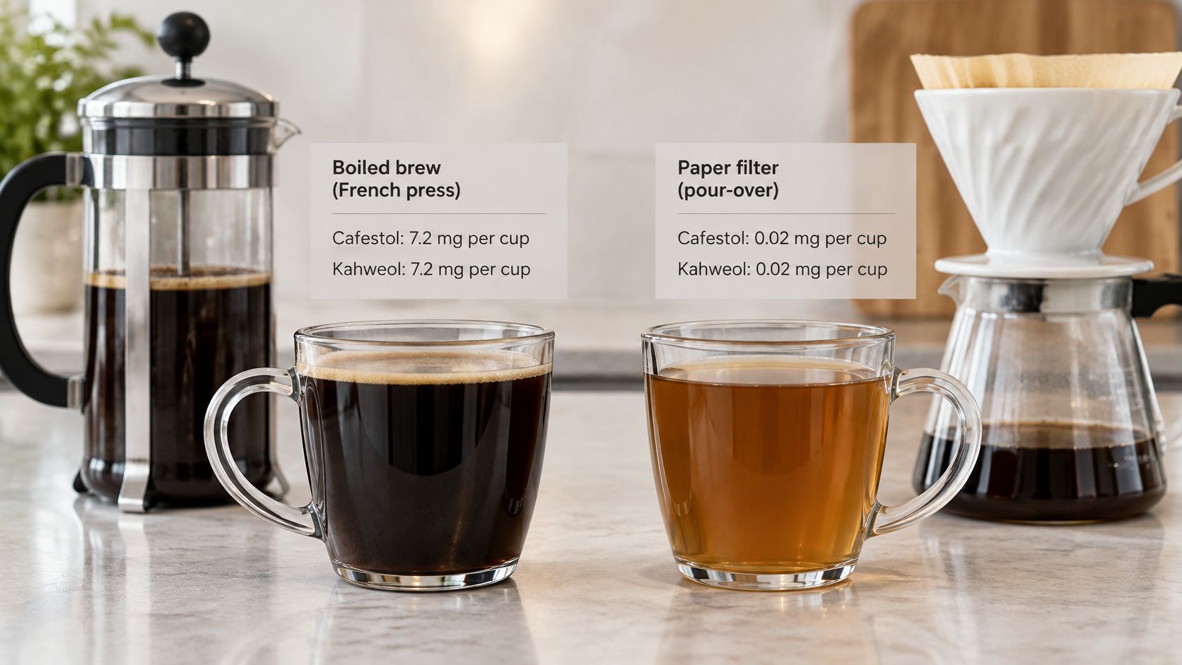 A side by side comparison showing coffee cups brewed with a French press versus a paper filter.