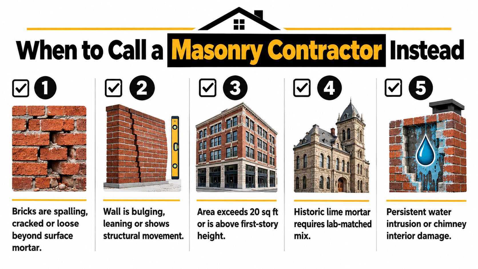 An infographic titled When to Call a Masonry Contractor illustrating five signs requiring professional repair services.