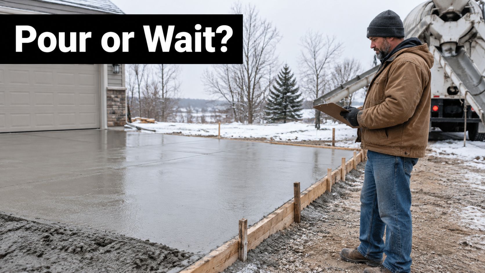 A construction worker inspecting a freshly poured concrete driveway during a cold winter day with snow.