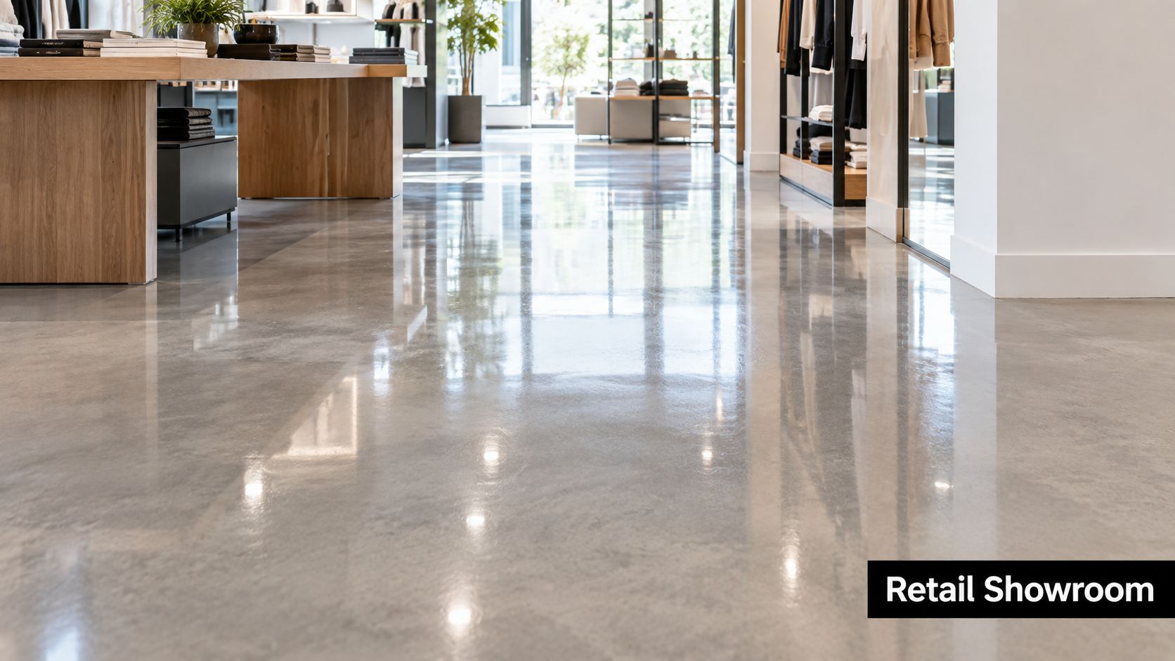 A modern retail store interior showcasing a polished, reflective concrete floor under bright ambient lighting.