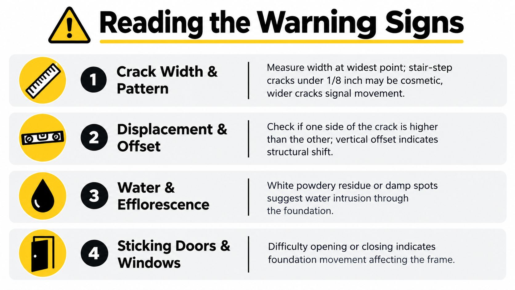 An infographic titled Reading the Warning Signs, explaining four key indicators of potential foundation damage in buildings.