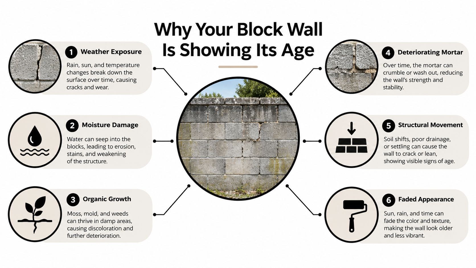 An infographic showing six reasons why a concrete block wall shows signs of aging and deterioration.