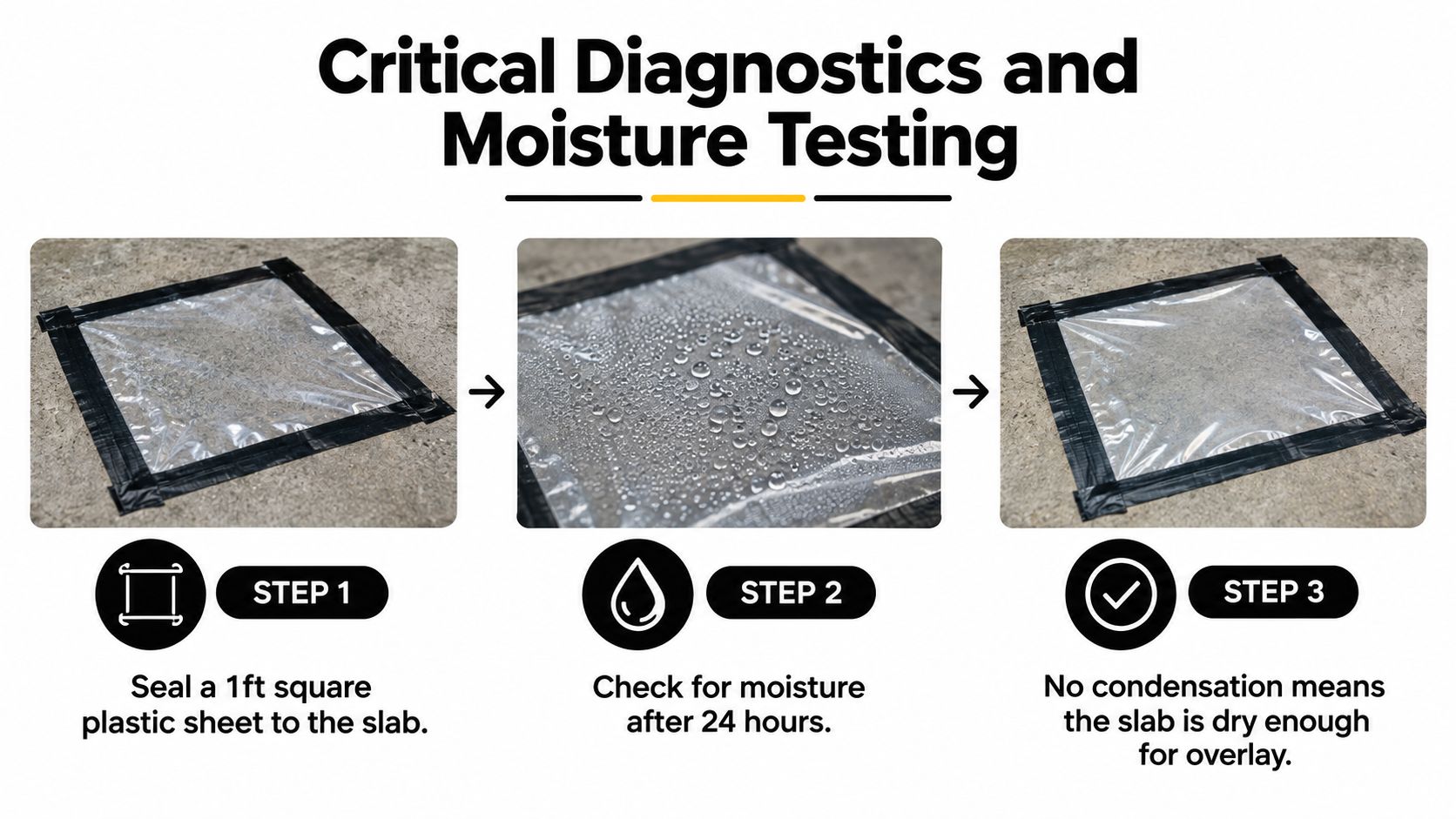 A diagram illustrating a moisture test using a plastic sheet sealed onto a concrete floor slab.