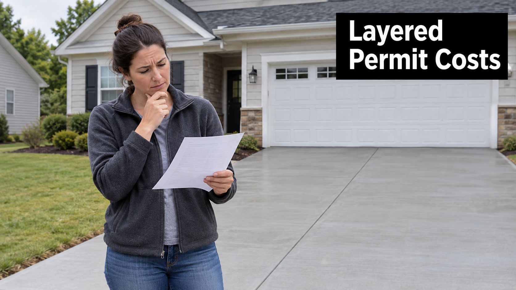 A concerned woman standing on a driveway holding a document while looking at a suburban house.