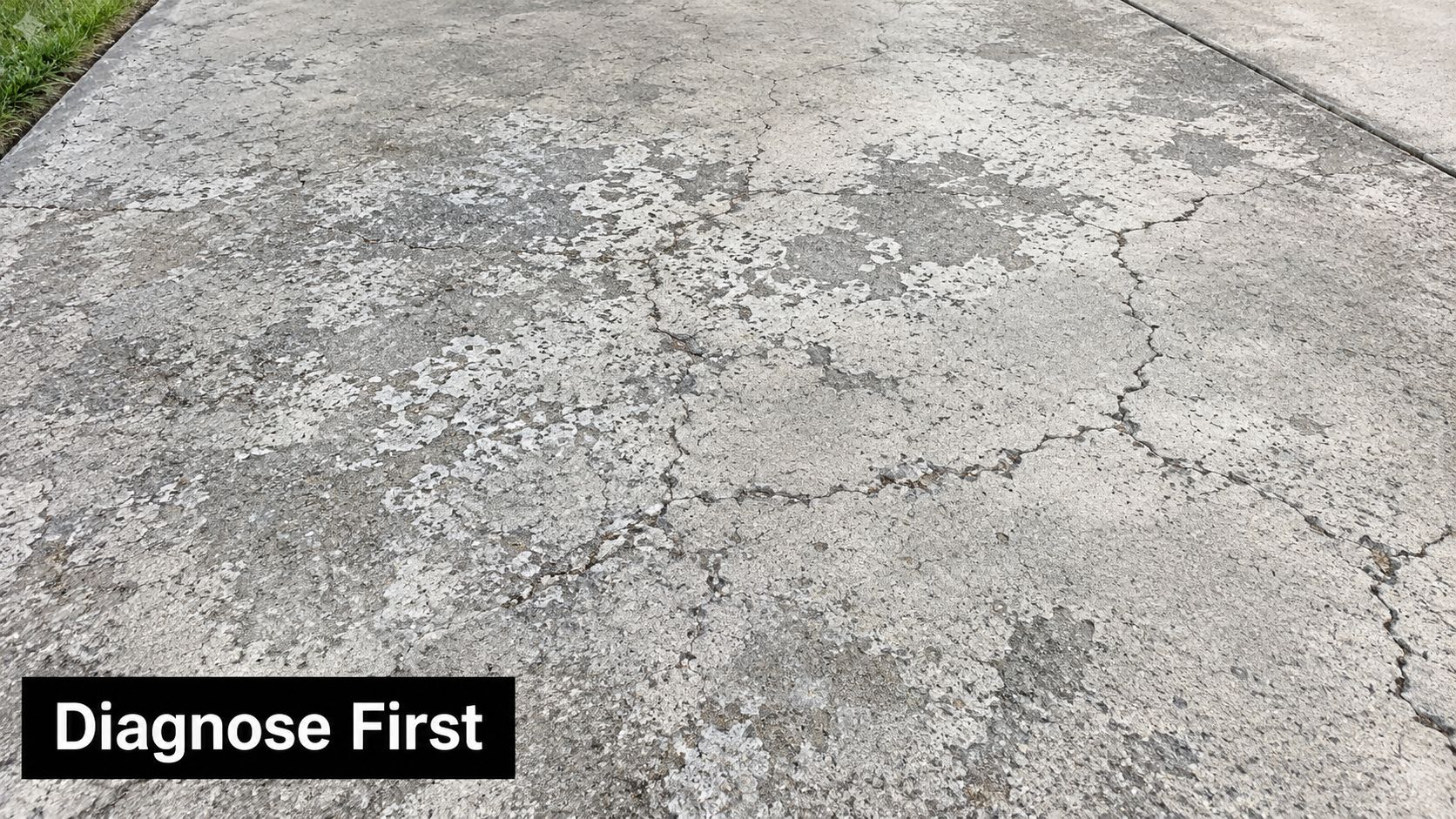 A close-up of a severely damaged and cracked concrete driveway surface needing repair and maintenance.