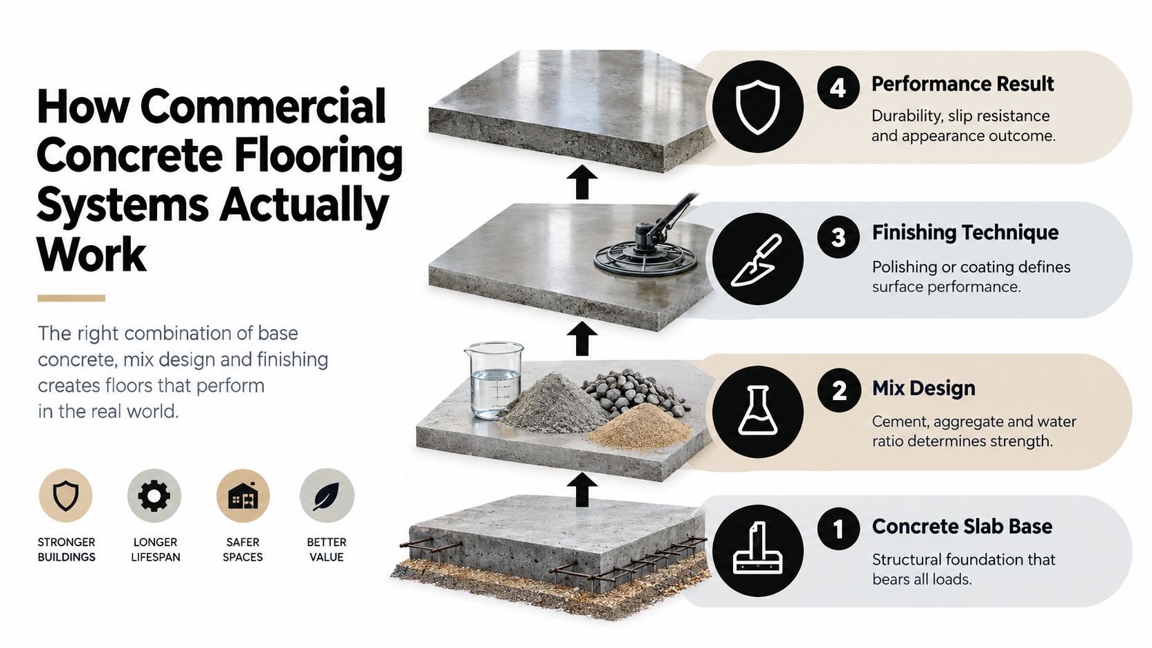 A diagram explaining the four-step process for creating high-performance commercial concrete flooring systems, from foundation to finish.