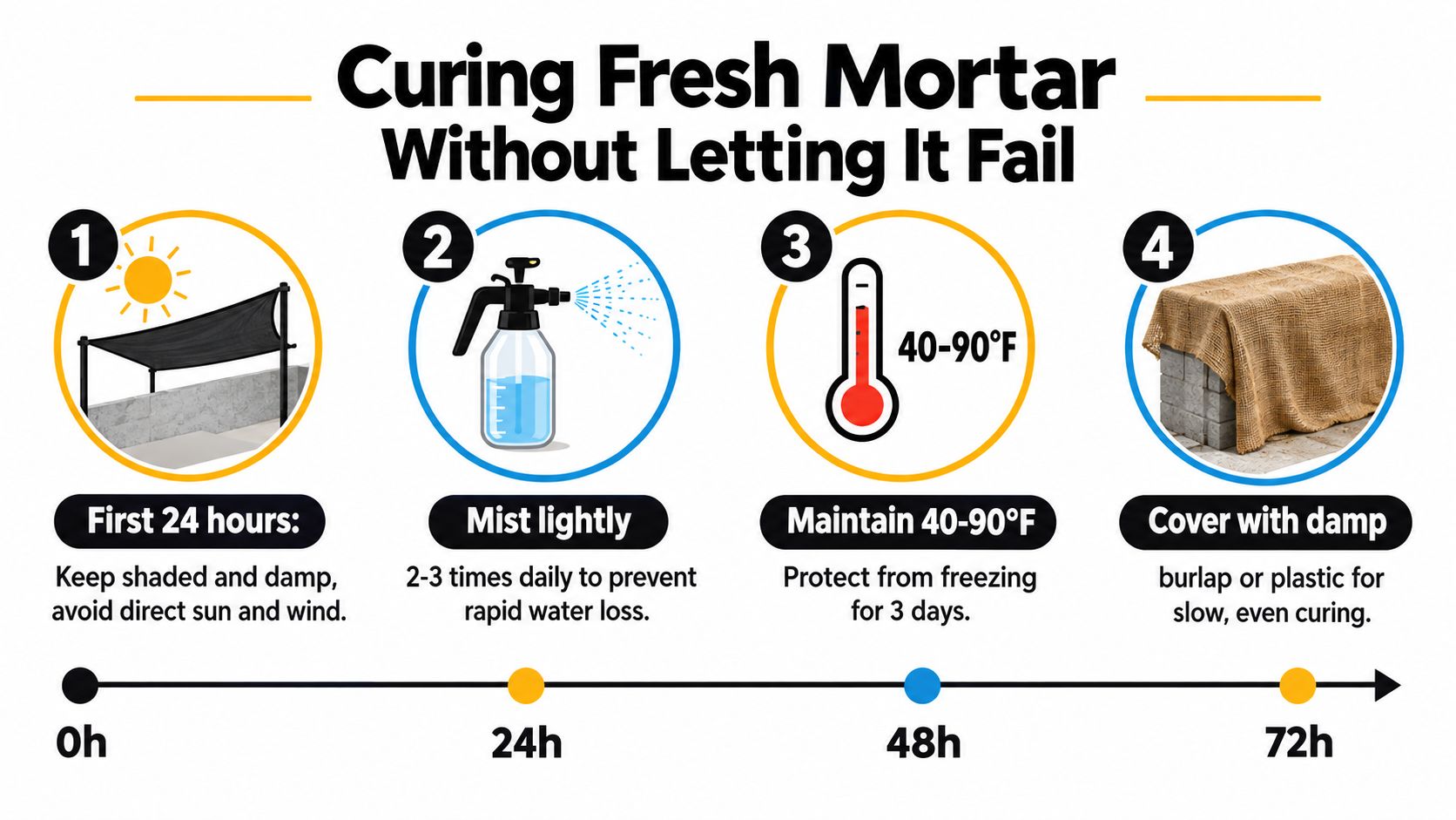 An infographic showing four essential tips for properly curing fresh mortar to ensure its durability and strength.