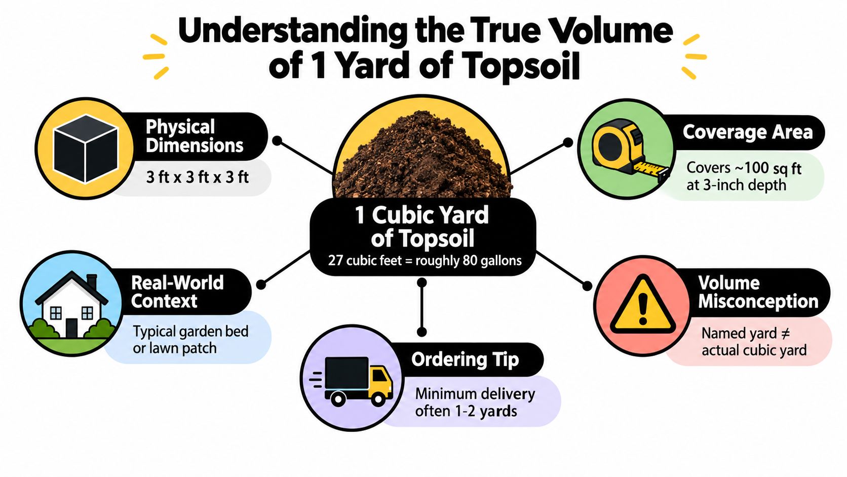 An infographic explaining the physical dimensions, volume, and coverage area of one cubic yard of topsoil.