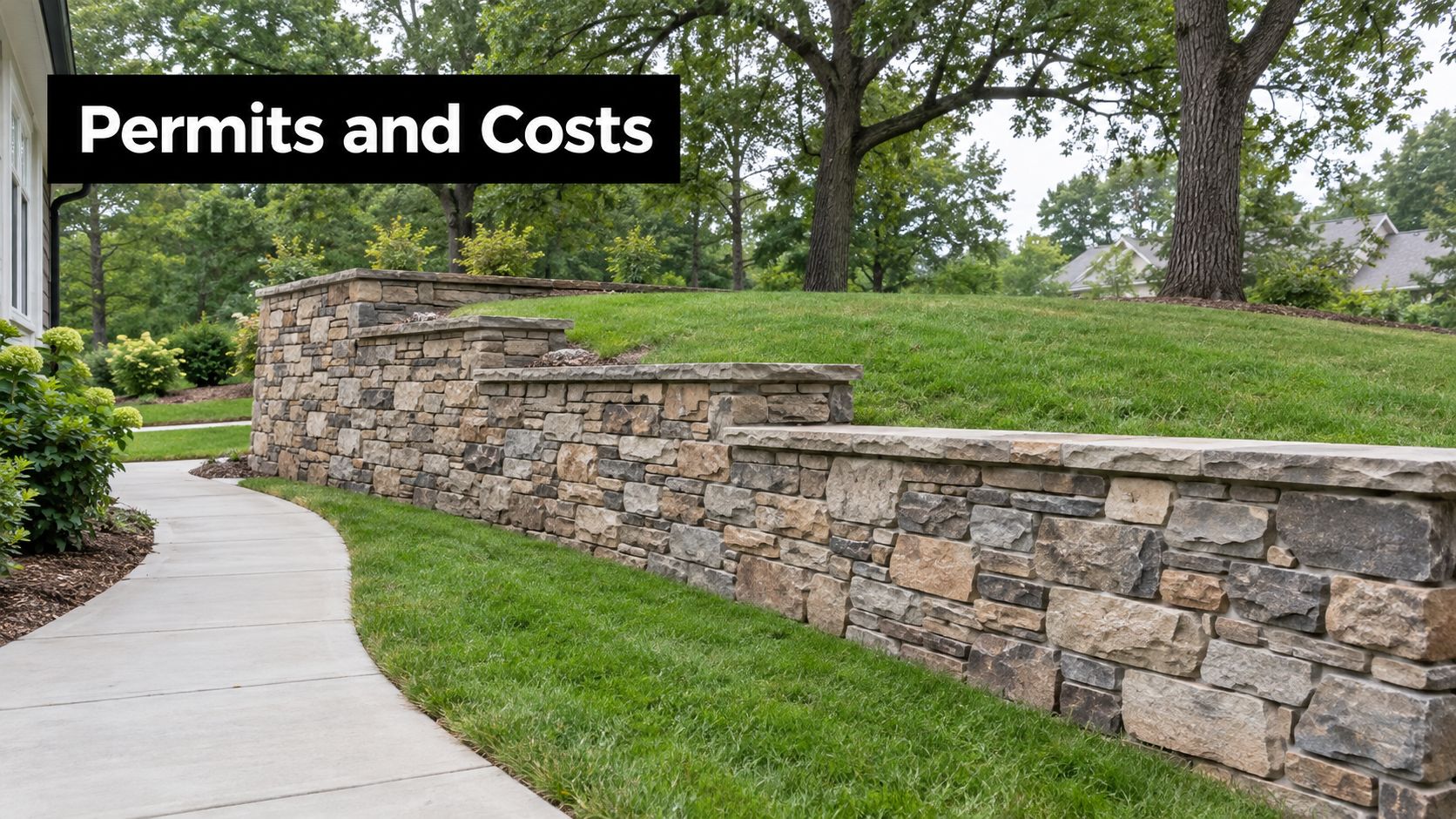 A terraced stone veneer retaining wall built along a concrete walkway in a landscaped suburban yard.