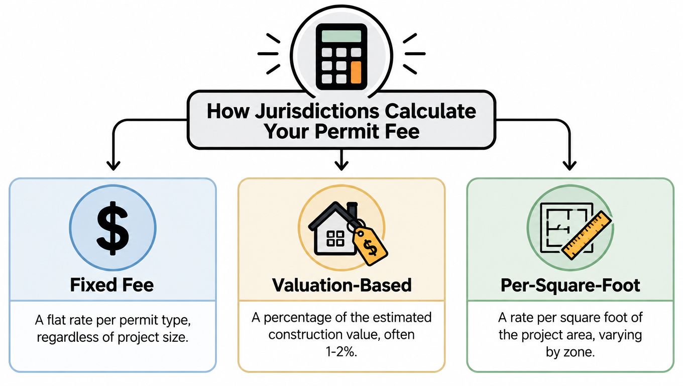 A diagram illustrating the three common methods jurisdictions use to calculate building permit fees: fixed, valuation-based, and square-foot.