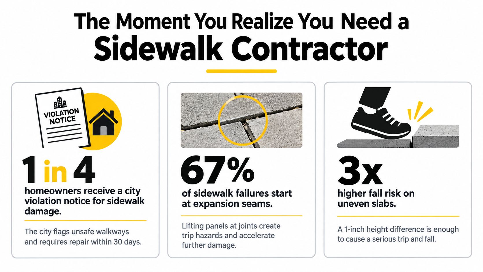 An infographic detailing why homeowners need sidewalk contractors, highlighting violation notices, expansion seam failures, and trip fall risks.