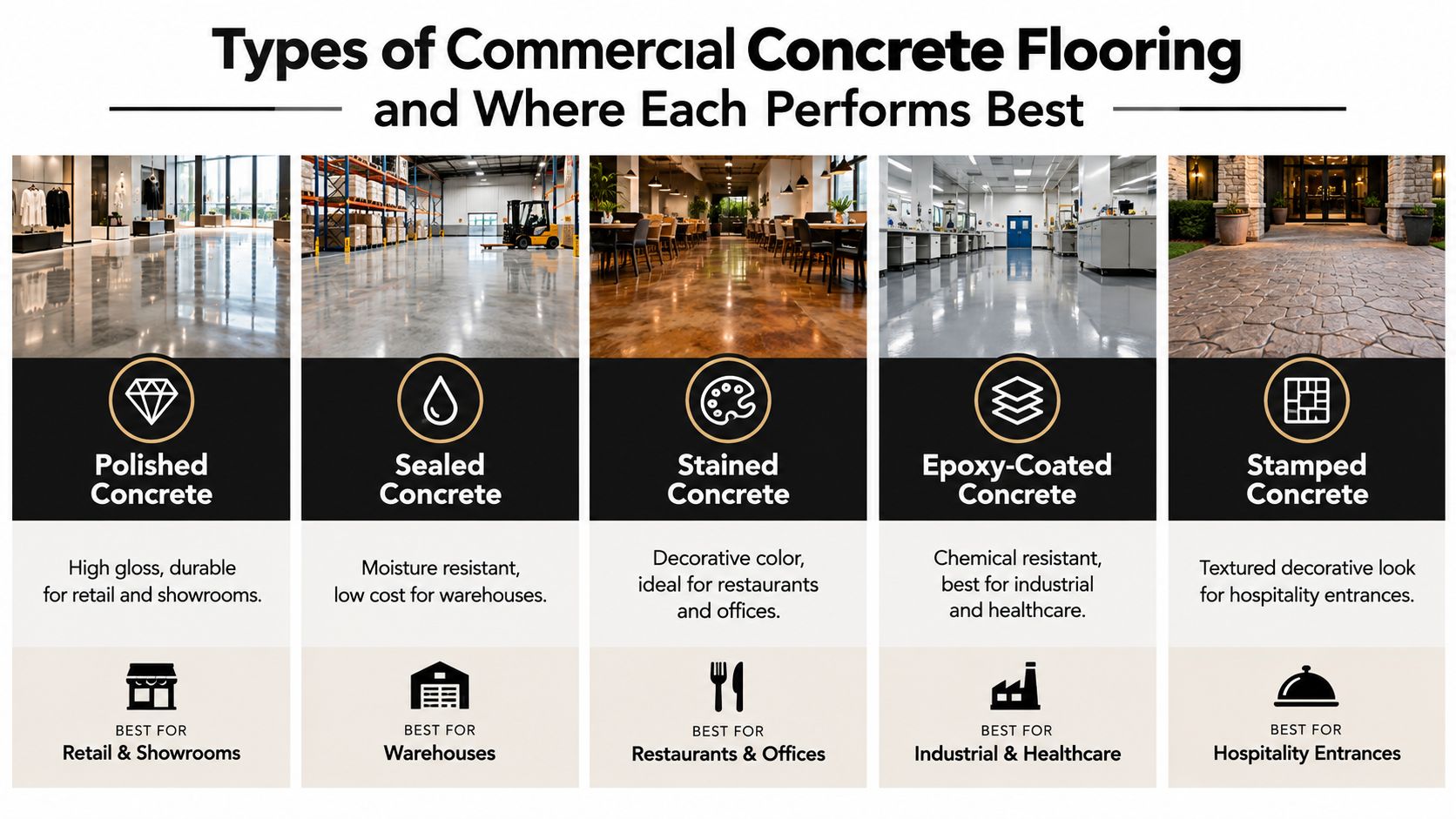 An infographic showing five types of commercial concrete flooring including polished, sealed, stained, epoxy-coated, and stamped.