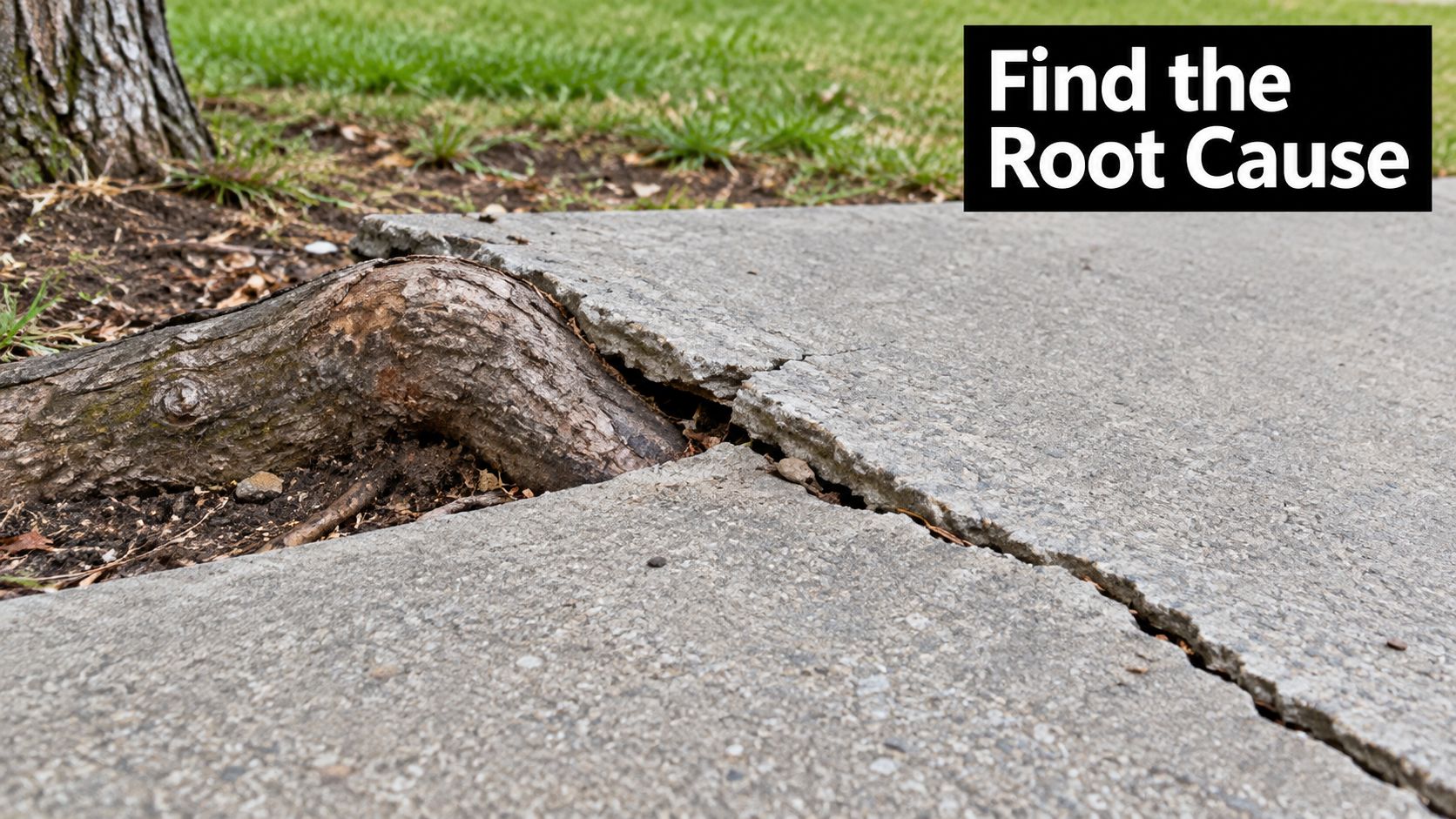 A large tree root growing underneath and cracking a concrete sidewalk, causing structural damage to the pavement.