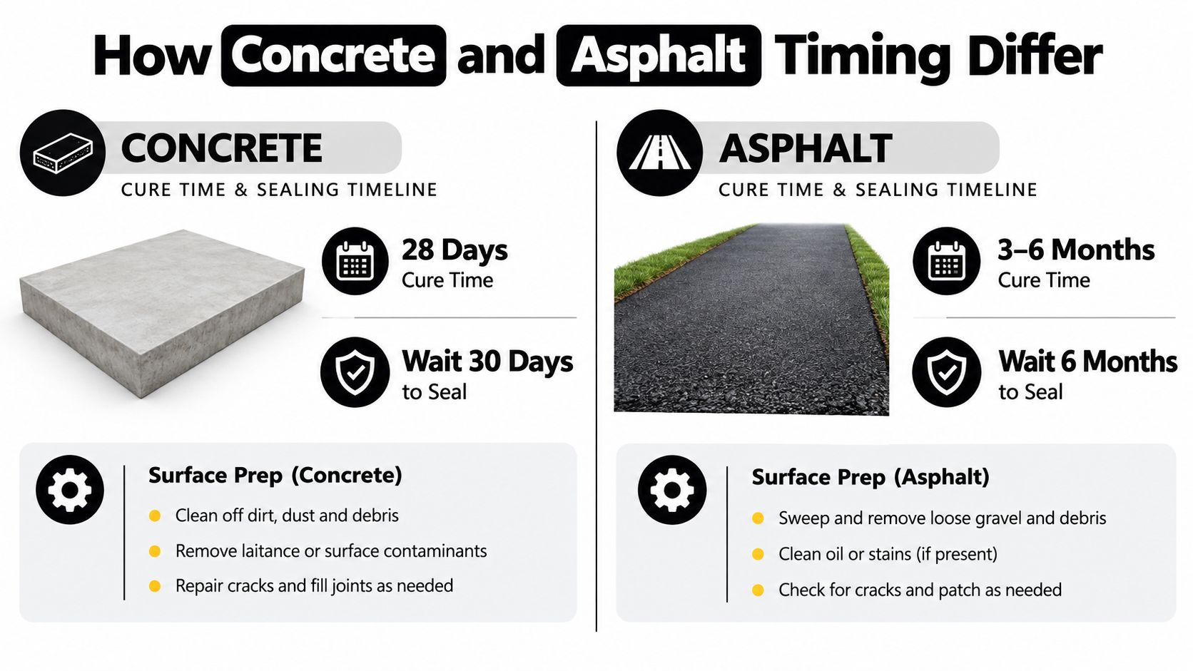 A comparison chart showing the cure time and sealing schedule for concrete versus asphalt driveways.