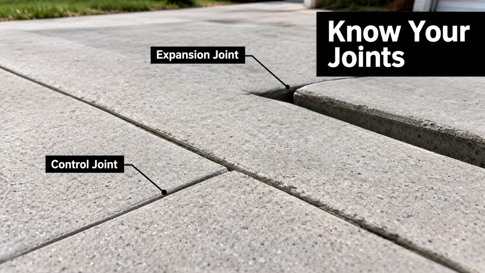 A concrete driveway showing the difference between a control joint and an expansion joint in pavement.