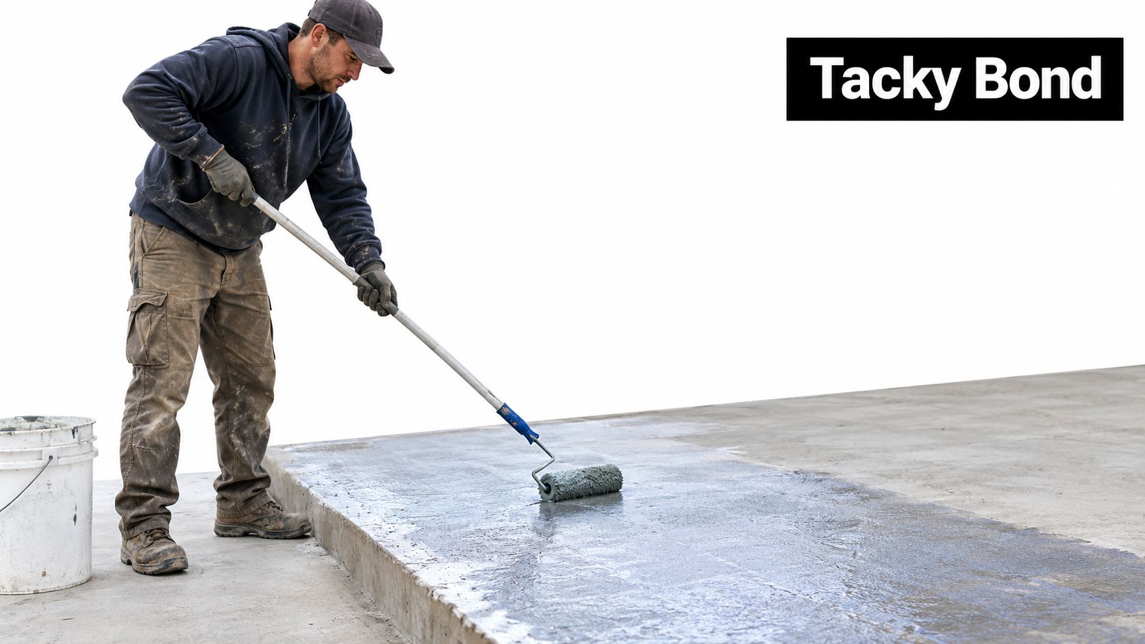 A professional construction worker applying a concrete bonding agent using a long-handled paint roller on a floor.