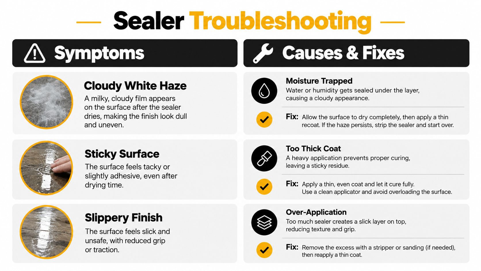 A troubleshooting guide chart for sealer application, outlining common issues like cloudy haze, sticky surfaces, and slippery finishes.