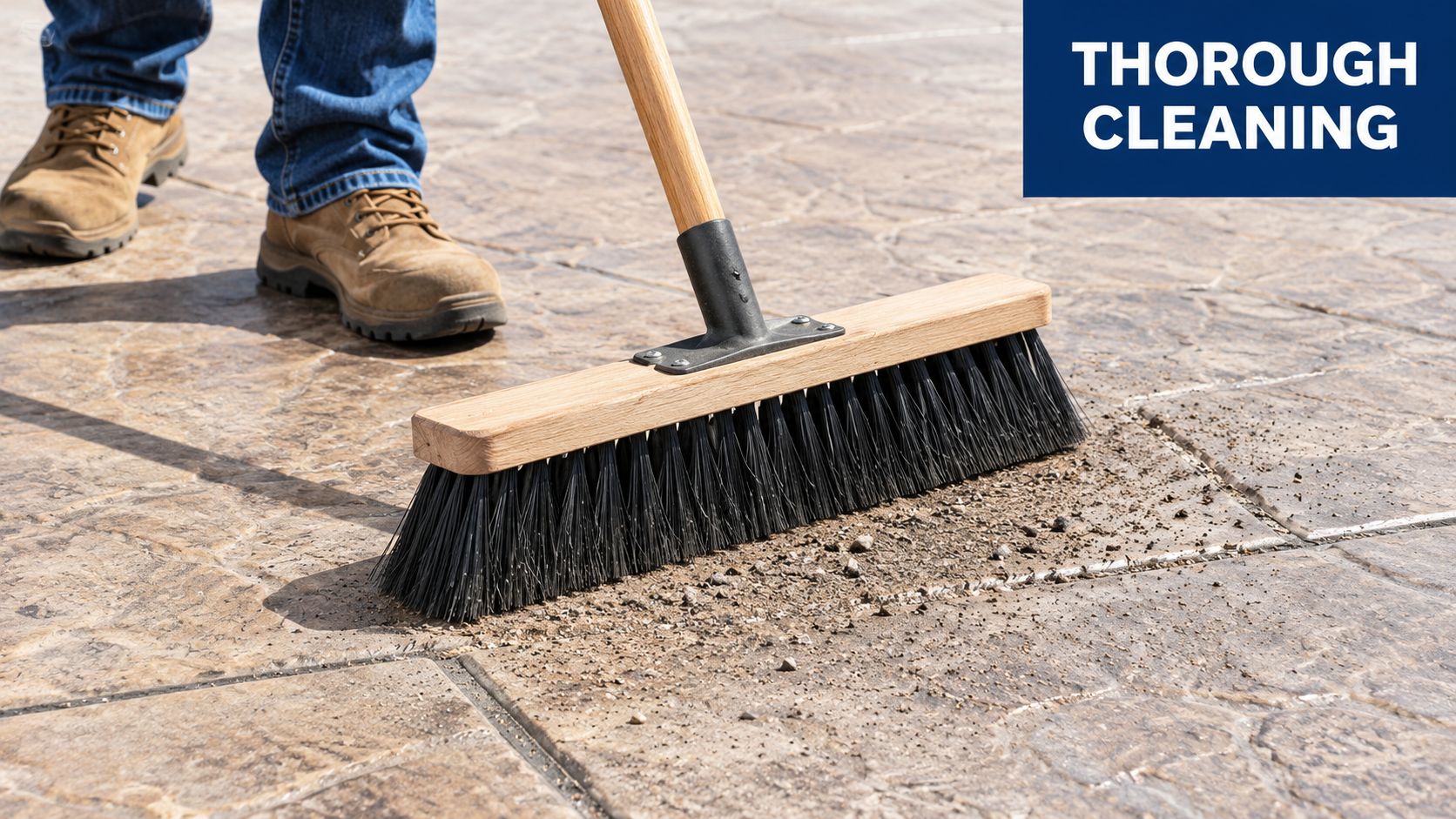 A worker uses a heavy-duty push broom to clean debris off a textured stamped concrete surface.