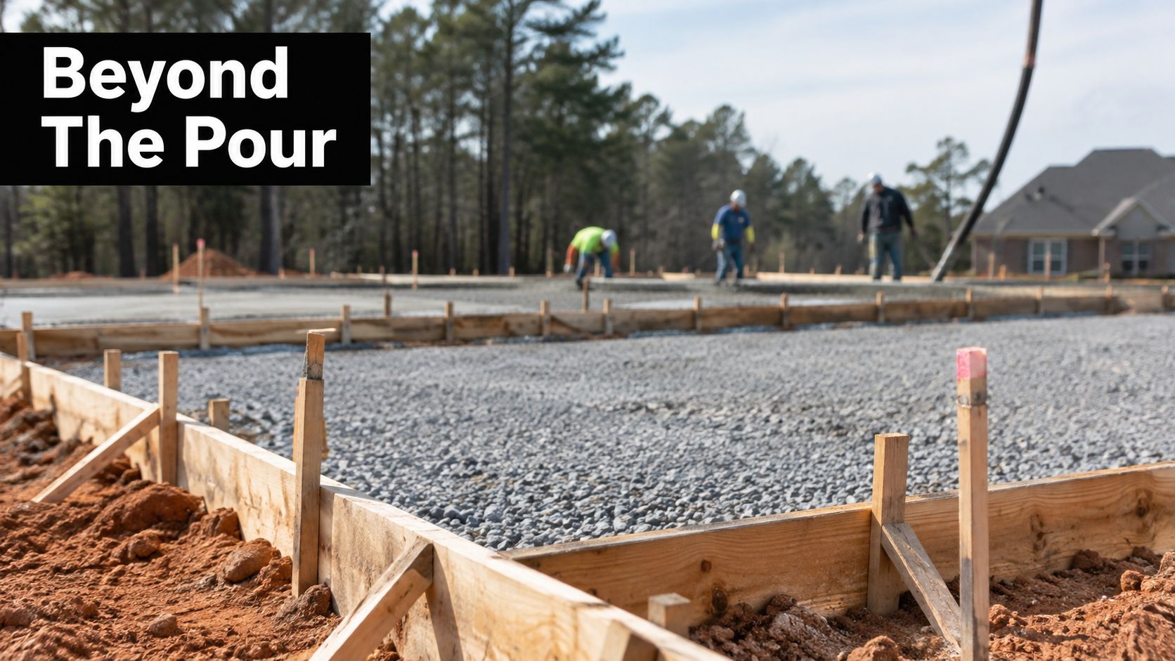 Construction workers preparing a gravel base for a concrete slab installation at a new home site.