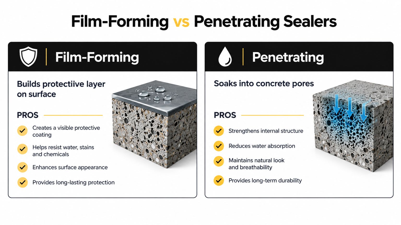 A comparison infographic showing the difference between film-forming and penetrating concrete sealers with their respective benefits listed.
