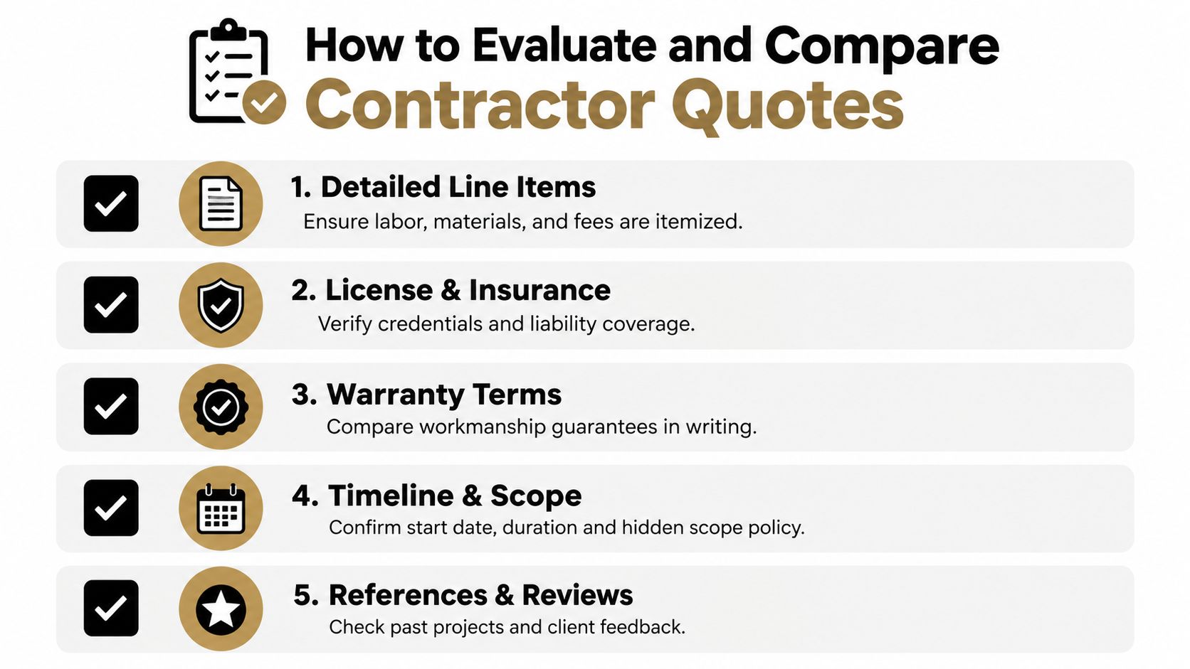 An infographic titled How to Evaluate and Compare Contractor Quotes featuring five key steps for project assessment.