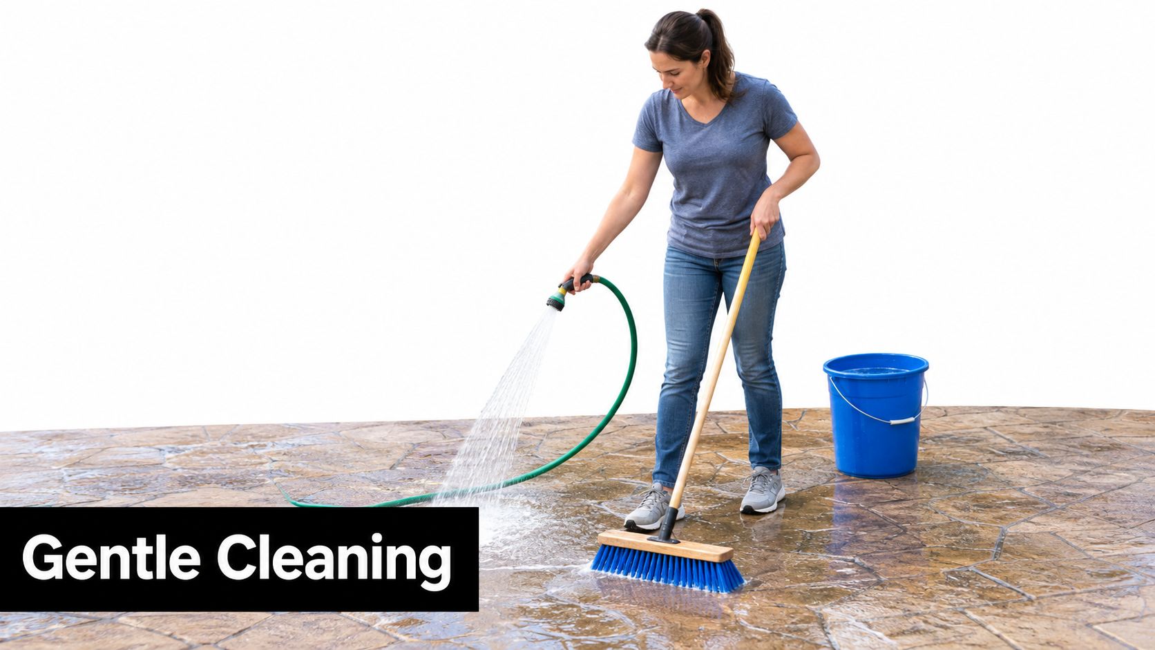 A woman cleaning a stamped concrete patio using a push broom and a garden hose spray.