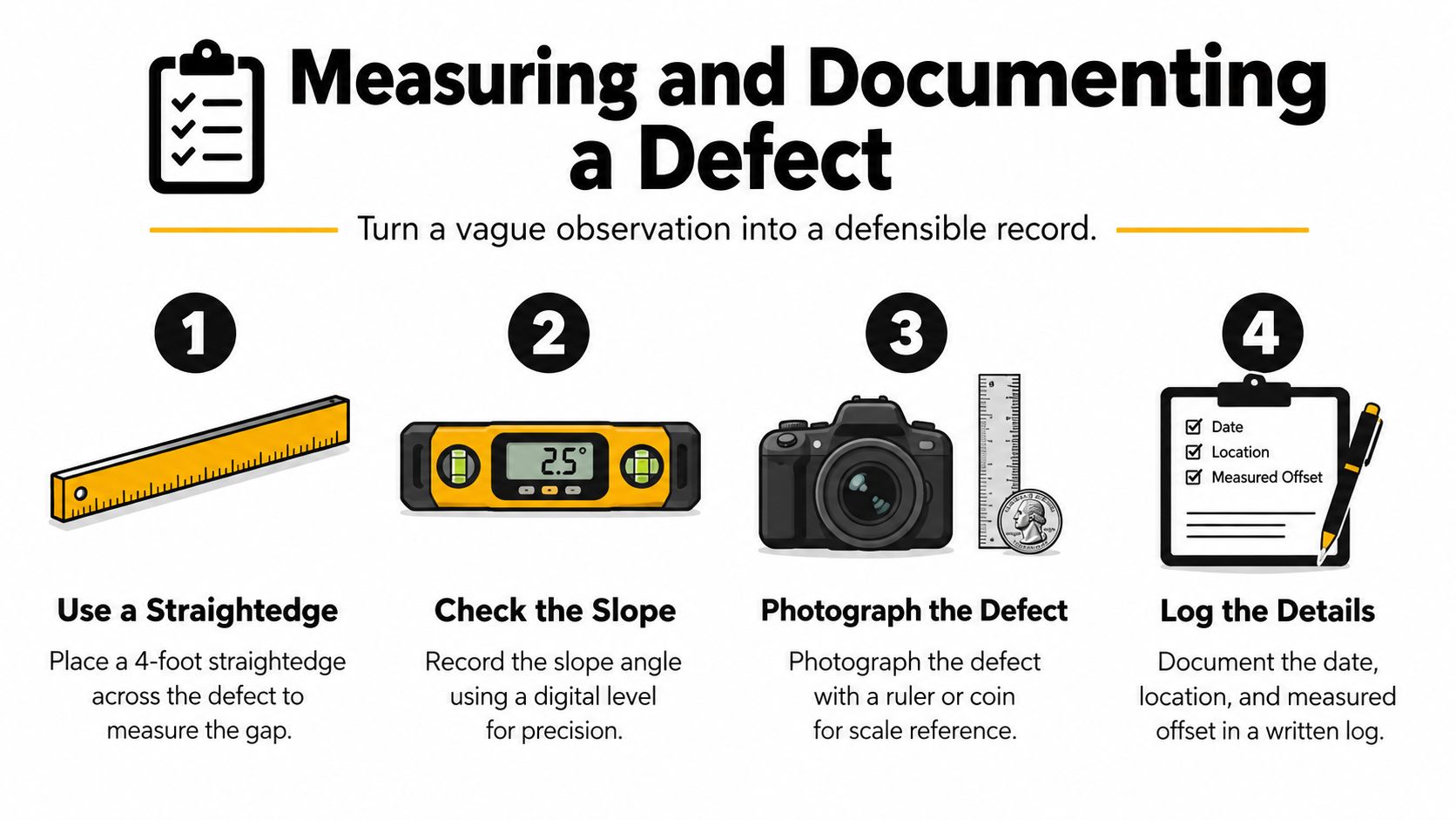 An infographic showing four steps to measure and document concrete trip hazards for a professional record.