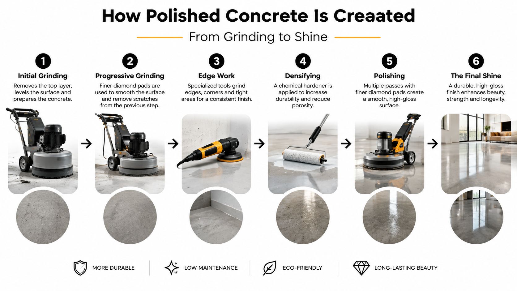 A six-step infographic illustrating the process of creating polished concrete from initial grinding to final shine.