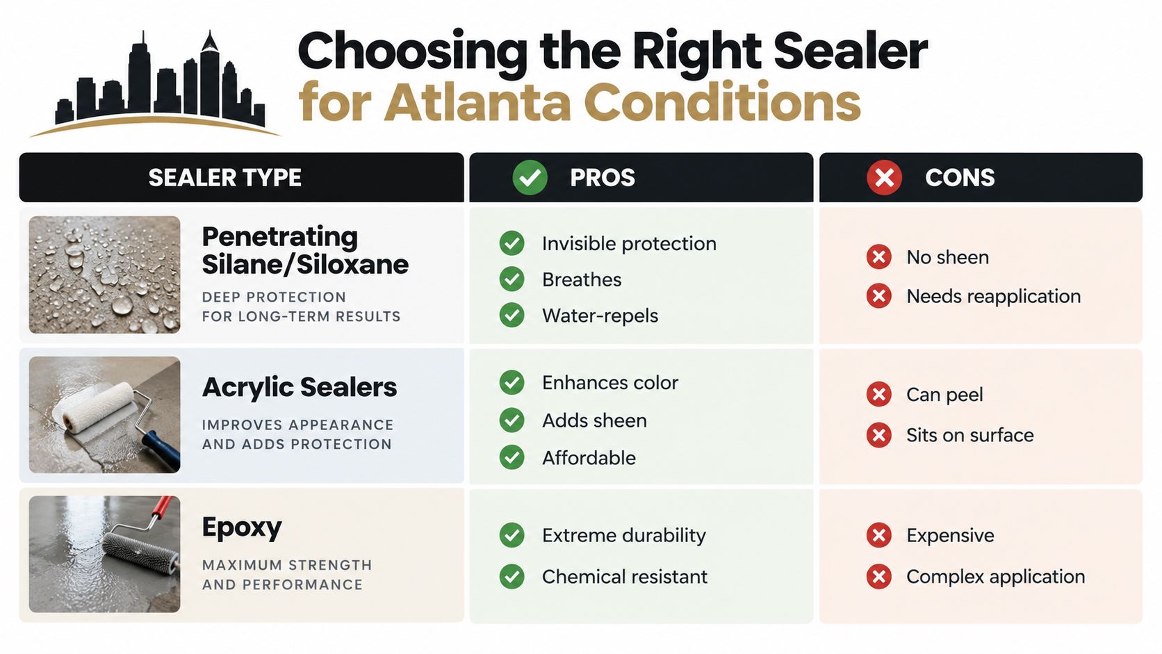 A comparison chart outlining the pros and cons of different concrete sealer types for Atlanta weather conditions.