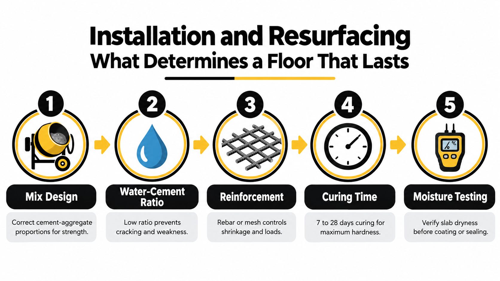 A five-step infographic showing the essential factors for installing and resurfacing long-lasting concrete flooring surfaces.