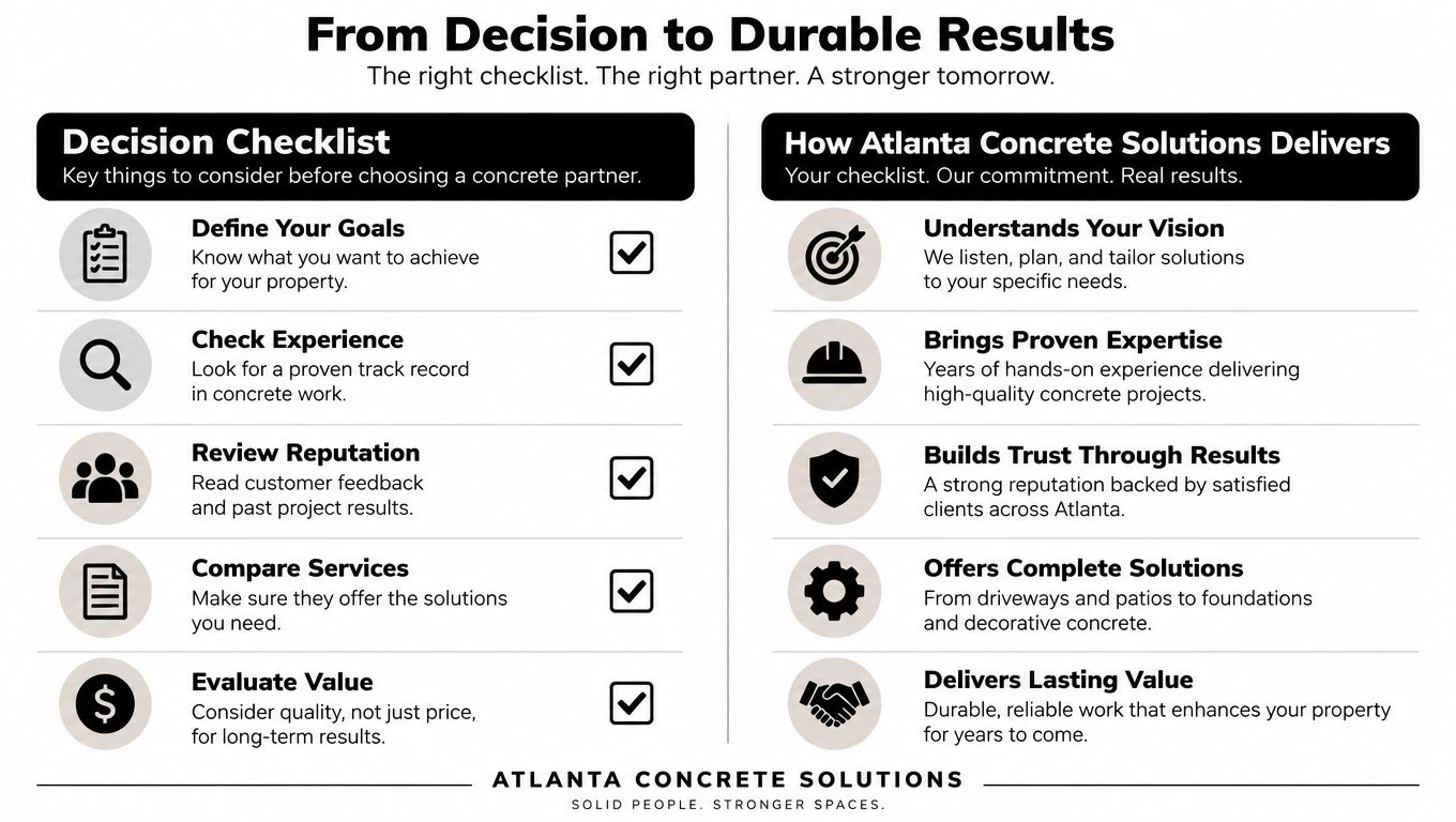 A checklist for choosing a concrete partner alongside the service offerings of Atlanta Concrete Solutions.
