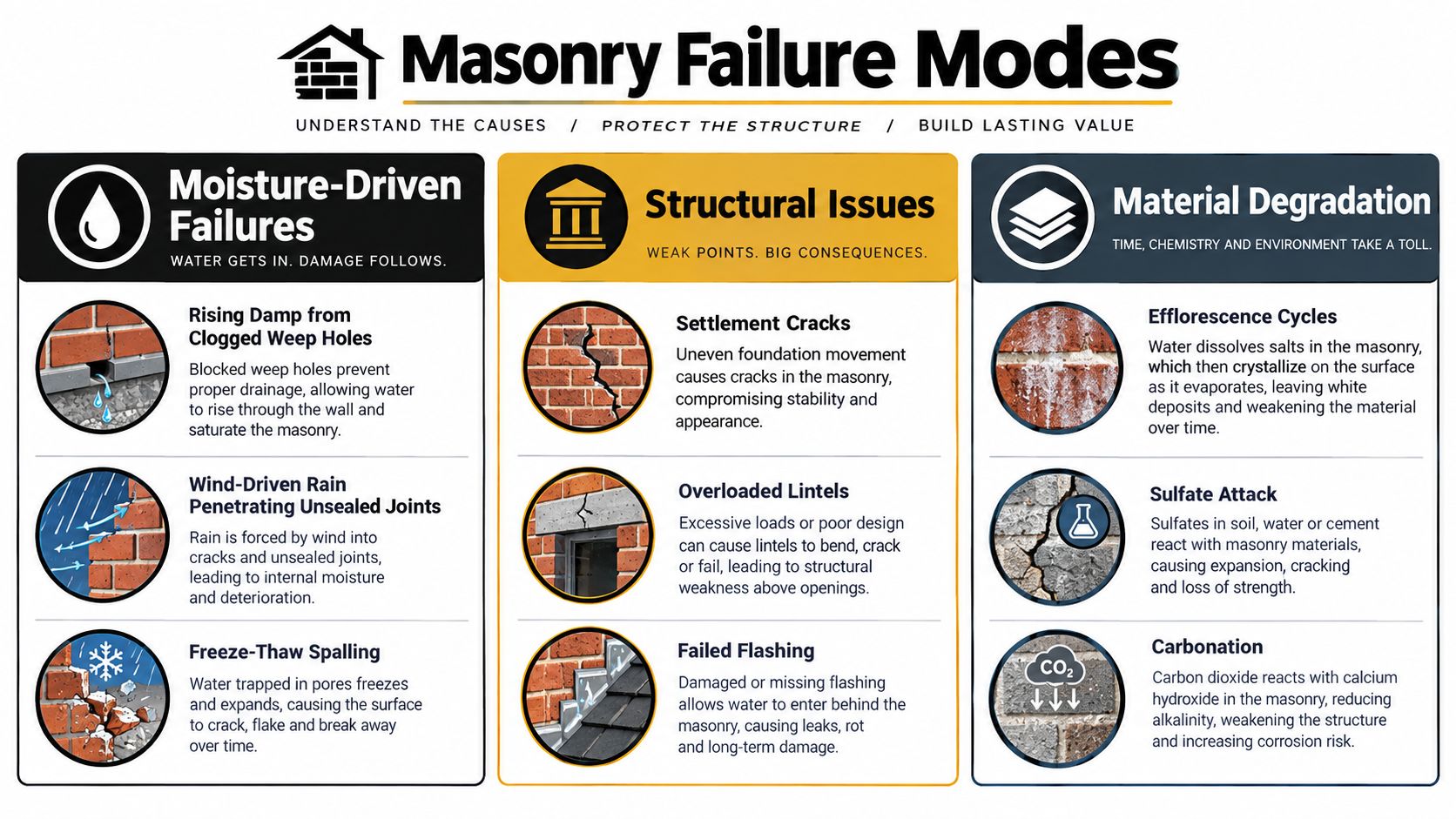 An infographic titled Masonry Failure Modes illustrating common causes of structural damage like moisture and material degradation.