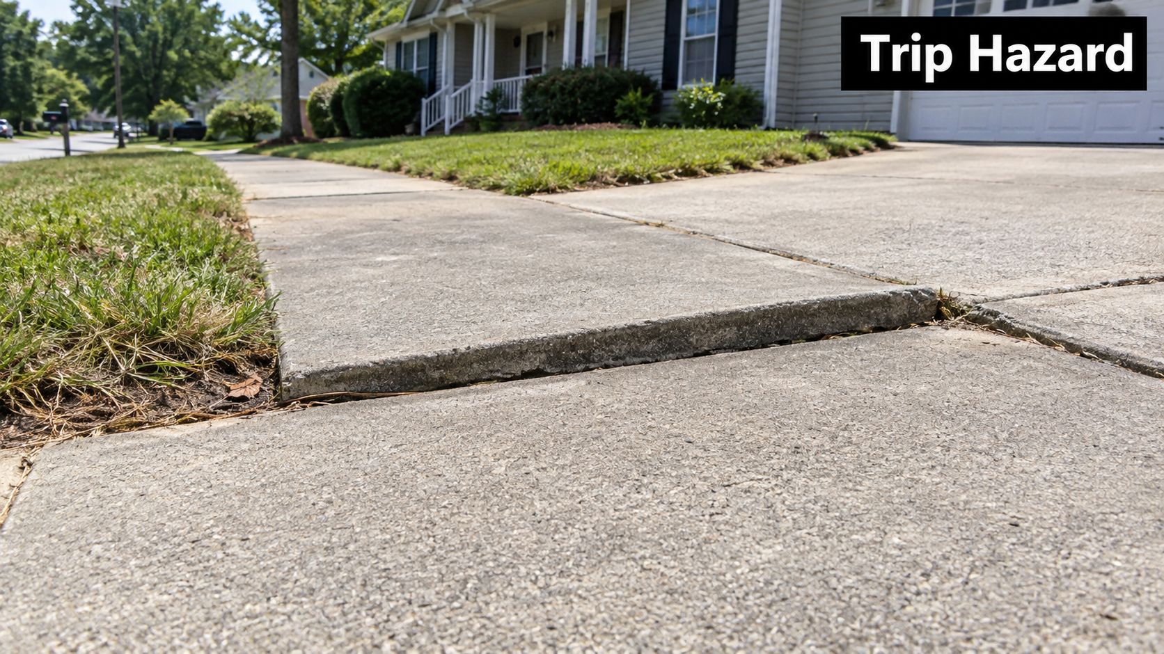 A concrete sidewalk slab is raised, creating a significant and dangerous trip hazard on a residential driveway.