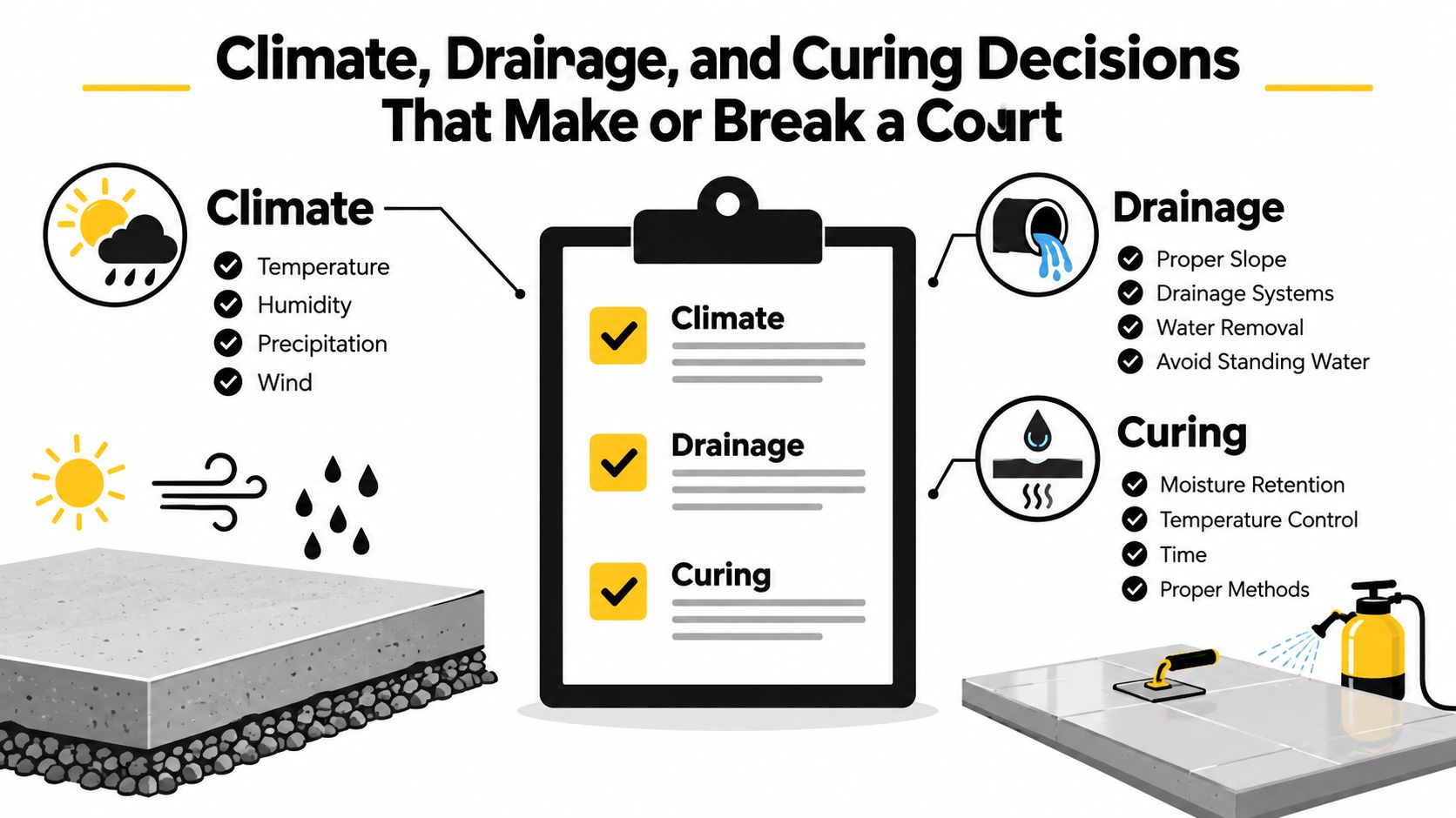 An infographic showing the critical factors of climate, drainage, and curing for building a concrete sports court.