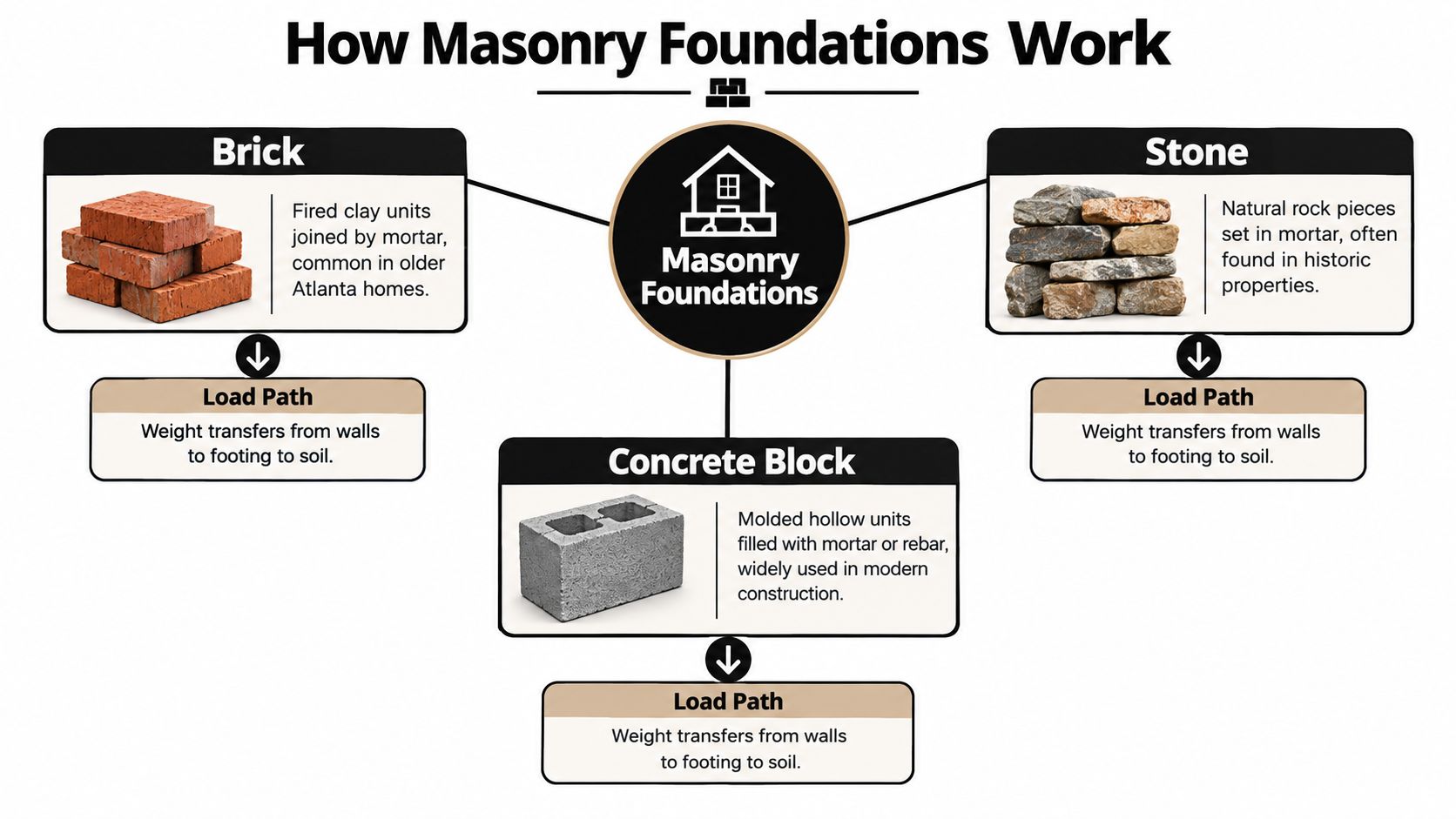 A diagram explaining how masonry foundations, including brick, concrete block, and stone, distribute building weight to soil.