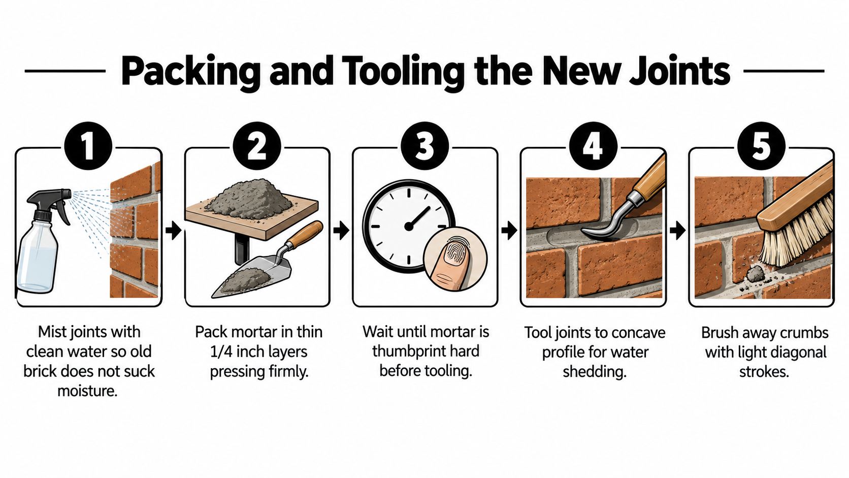A five-step infographic showing how to pack and tool new mortar between bricks on a wall.