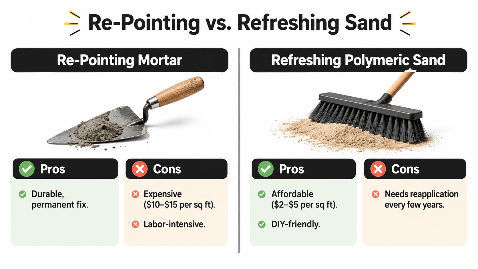 A comparison chart outlining the pros and cons of using mortar versus polymeric sand for patio repairs.