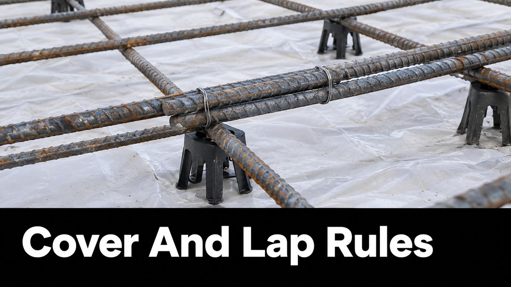 Reinforcing steel bars set on plastic chairs over a vapor barrier before pouring concrete for a slab.
