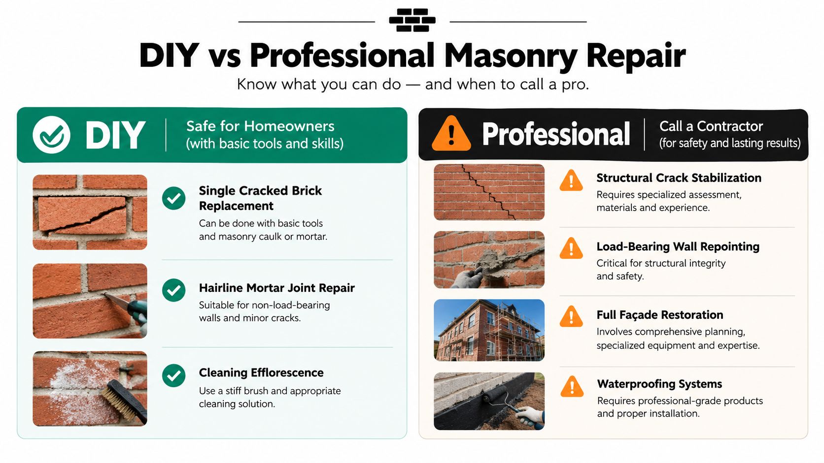 A comparison chart showing which masonry repair tasks are suitable for DIY versus professional contractor services.
