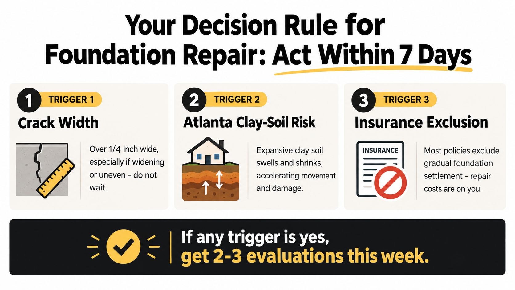 An infographic titled Decision Rule for Foundation Repair outlining three triggers requiring urgent professional evaluation.
