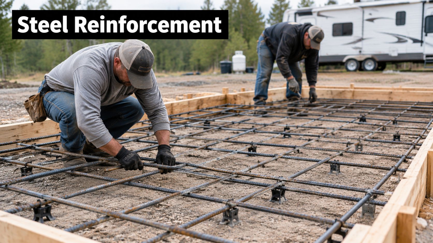 Two construction workers installing steel rebar reinforcement for a concrete pad for an RV foundation outdoors.