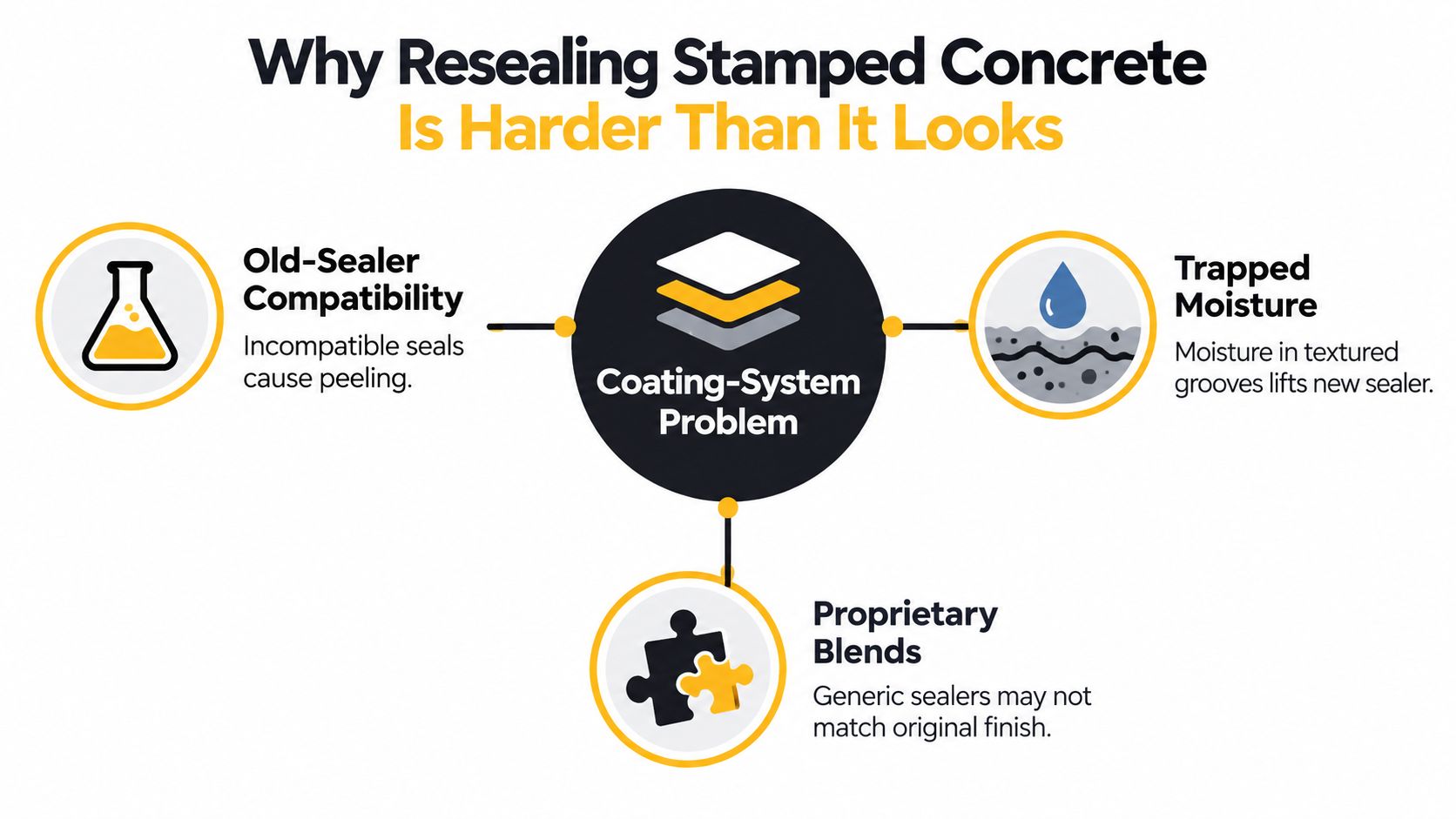 An infographic detailing why resealing stamped concrete is difficult due to sealer compatibility, trapped moisture, and proprietary blends.