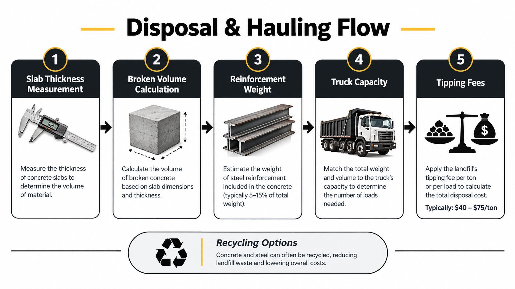 An infographic showing the five steps of the disposal and hauling flow for concrete removal projects.